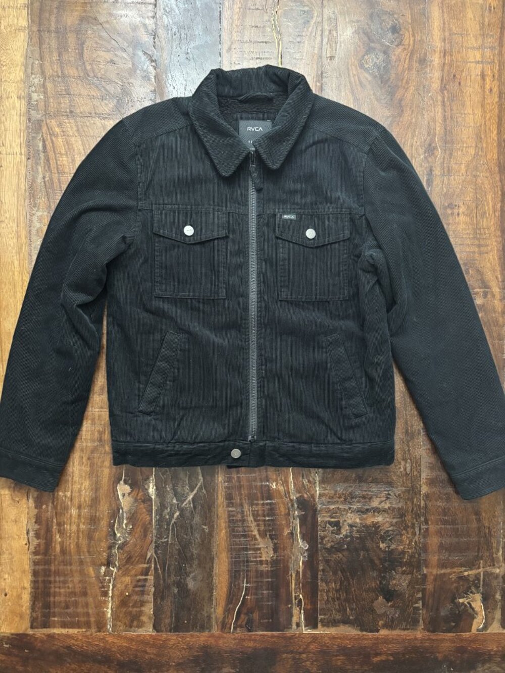 RVCA Black Corduroy Sherpa Lined Jacket Men’s Small Trucker Style 99064 EUC